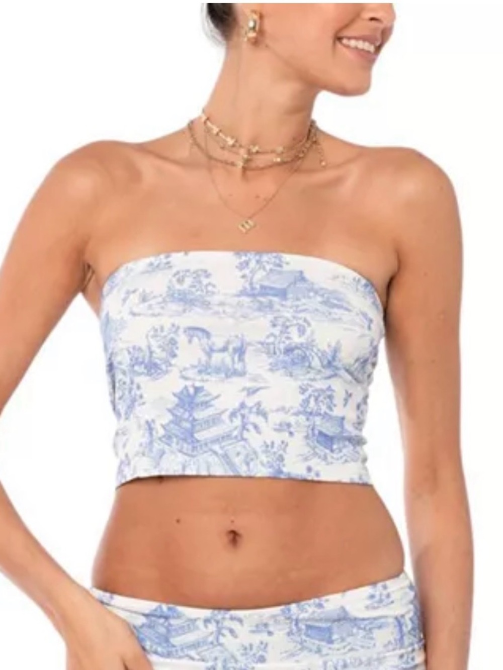 Edikted Delft Print Tube Top Blue Toile Strapless, Size XS, NWT!